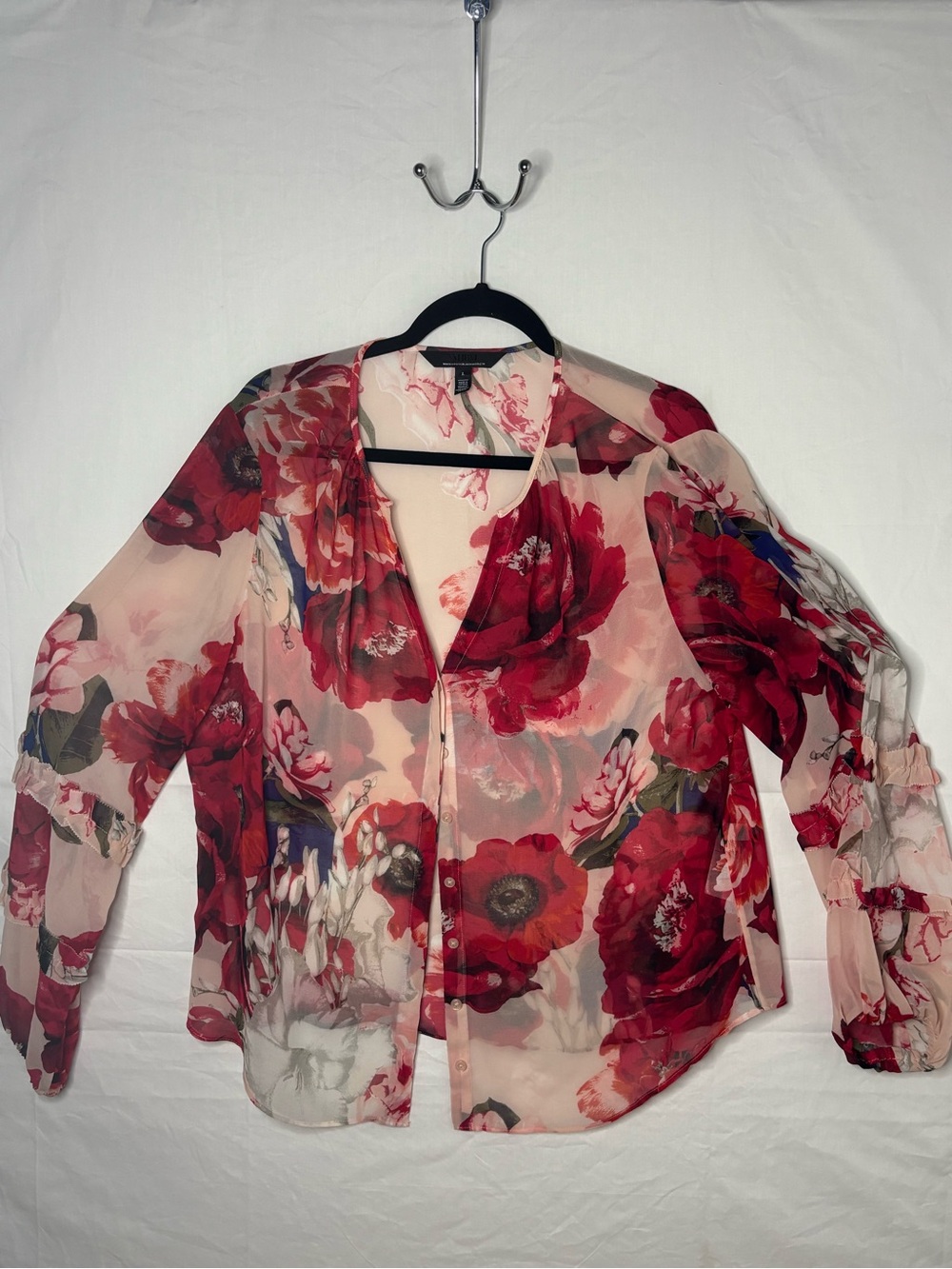 White House Black Market Sheer Red Floral Button-Front Blouse